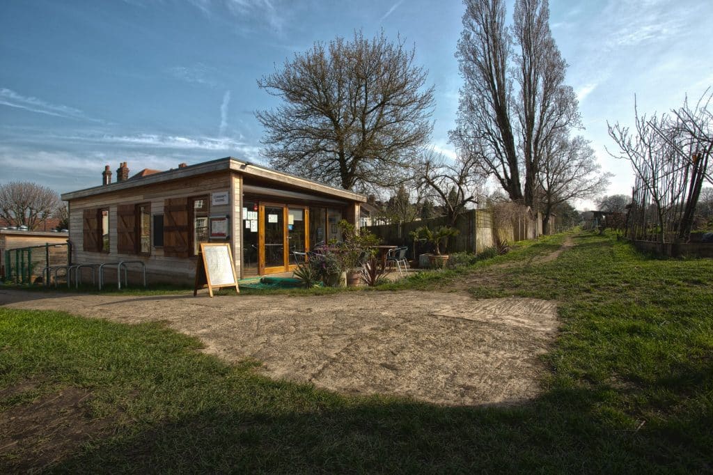 Modular timber frame shop and community building at Rossendale Allotments by TGEscapes