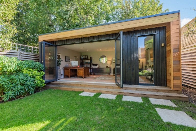 Modular timber frame Garden Room and Office with bifold doors and cedar cladding by TGEscapes