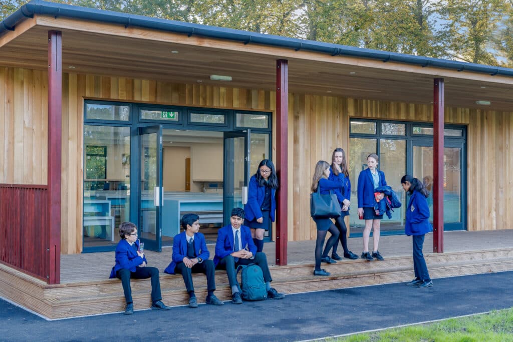 Students enjoying their sustainable school building